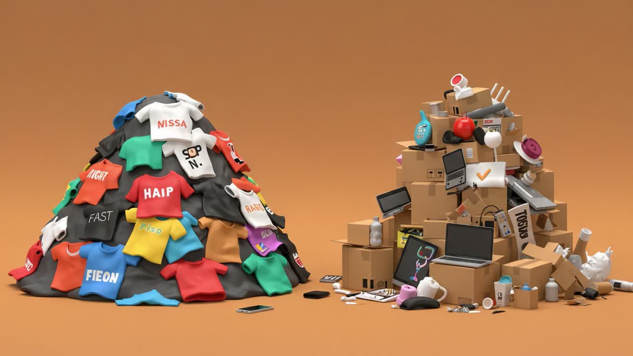 A Creative Representation of Clutter: Two Piles of Discarded Items and Colorful T-Shirts in an Artistic Display Highlighting Waste and Consumerism