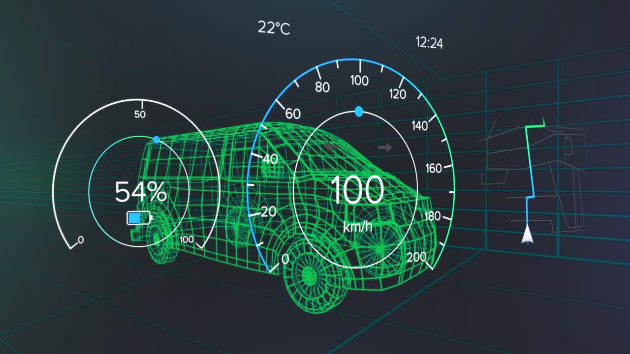 Animation of speedometer, gps and charge status data on vehicle interface, over 3d van model