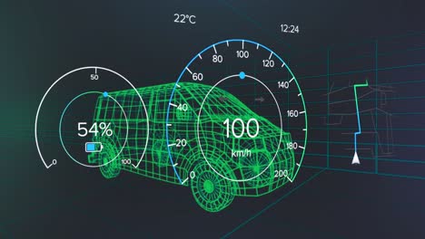 Animation-of-speedometer,-gps-and-charge-status-data-on-vehicle-interface,-over-3d-van-model