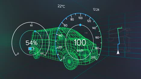 animación del velocímetro, el gps y los datos del estado de carga en la interfaz del vehículo, en un modelo de furgoneta 3d