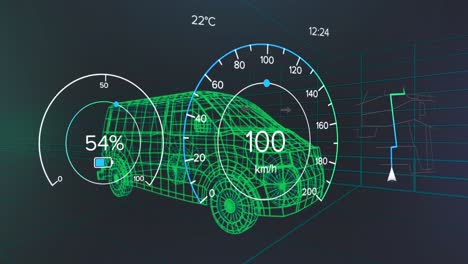 animation of speedometer, gps and charge status data on vehicle interface, over 3d van model