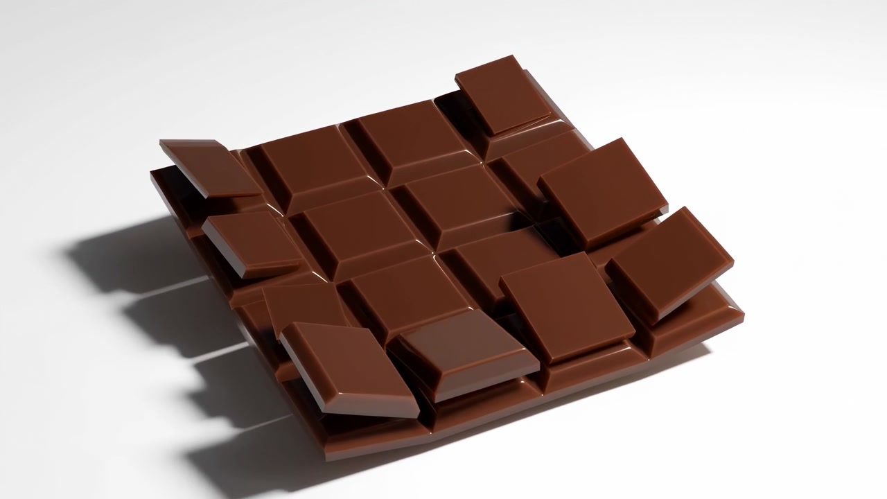 Diversi segmenti quadrati di cioccolato si staccano da una tavoletta di cioccolato al latte lucida su una superficie da studio bianca opaca, con diversi pezzi sollevati e inclinati verso l'esterno mentre la griglia rimane intatta, con ombre nette e