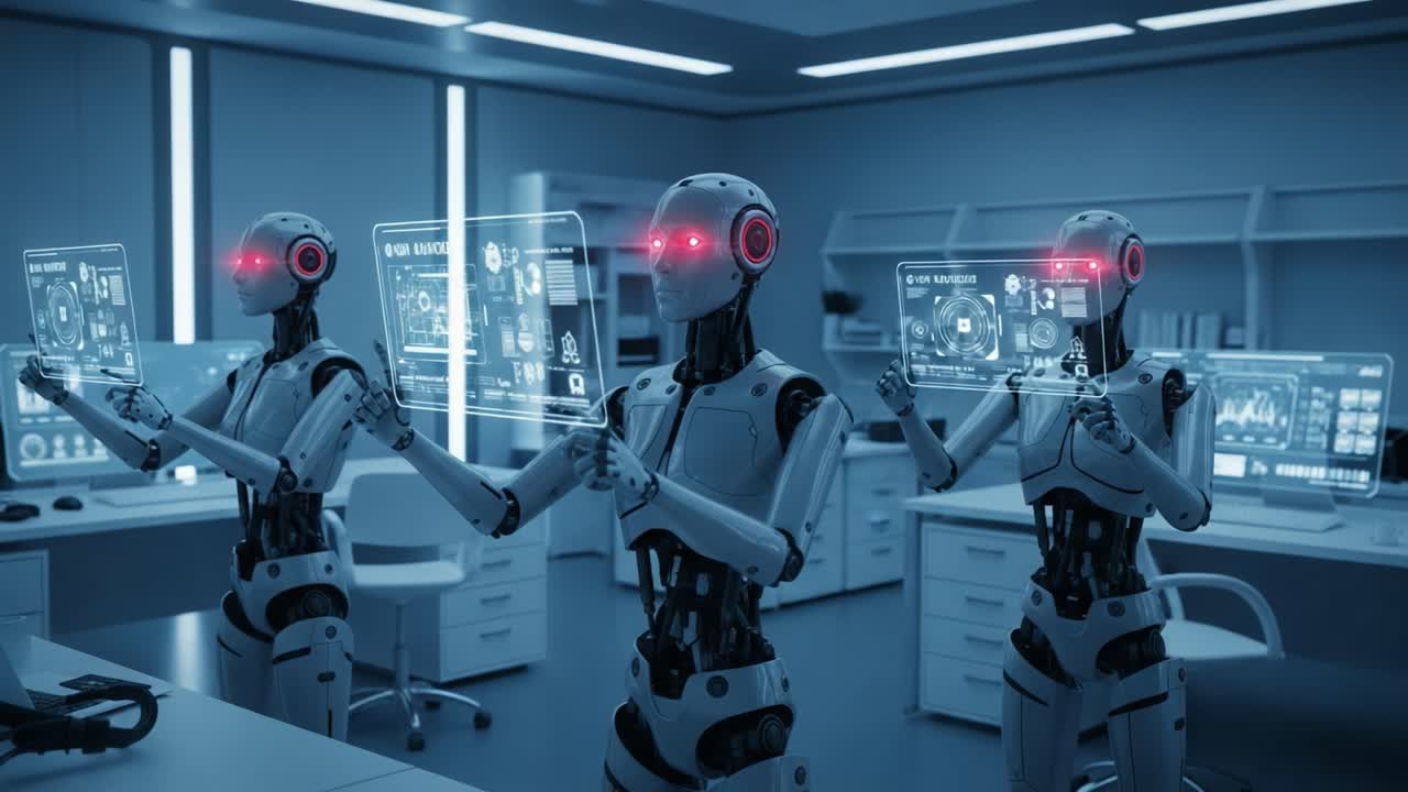 Advanced Robotic Constructs Analyzing Data Displays in a Sleek Laboratory Environment Representing the Future of AI and Automation Technology