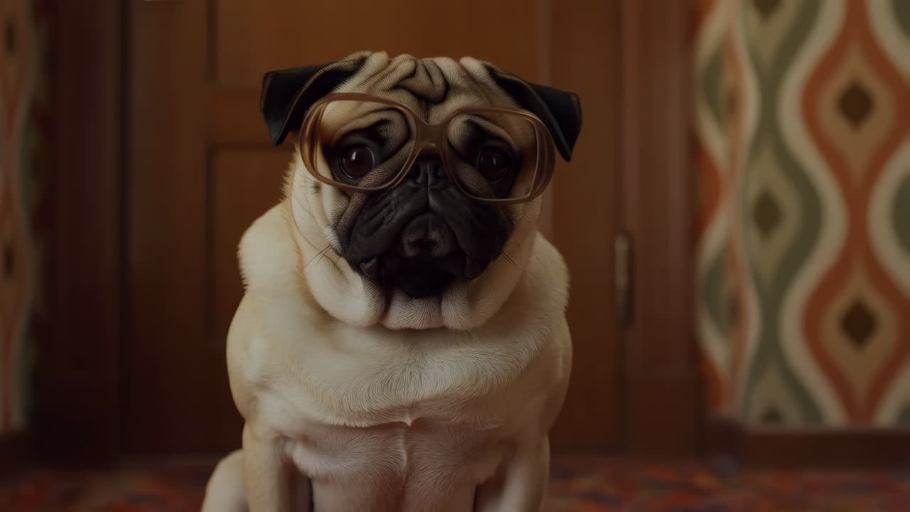 A pug wearing glasses looking directly at the camera