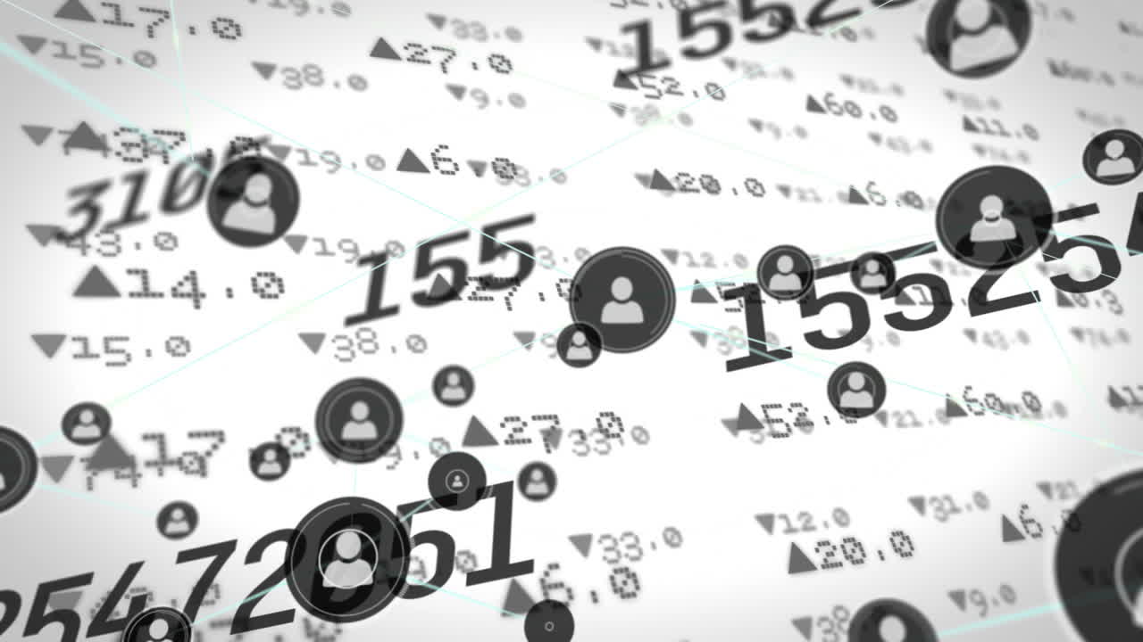 animación de la red de perfiles y números sobre el procesamiento de datos del mercado de valores en fondo gris.