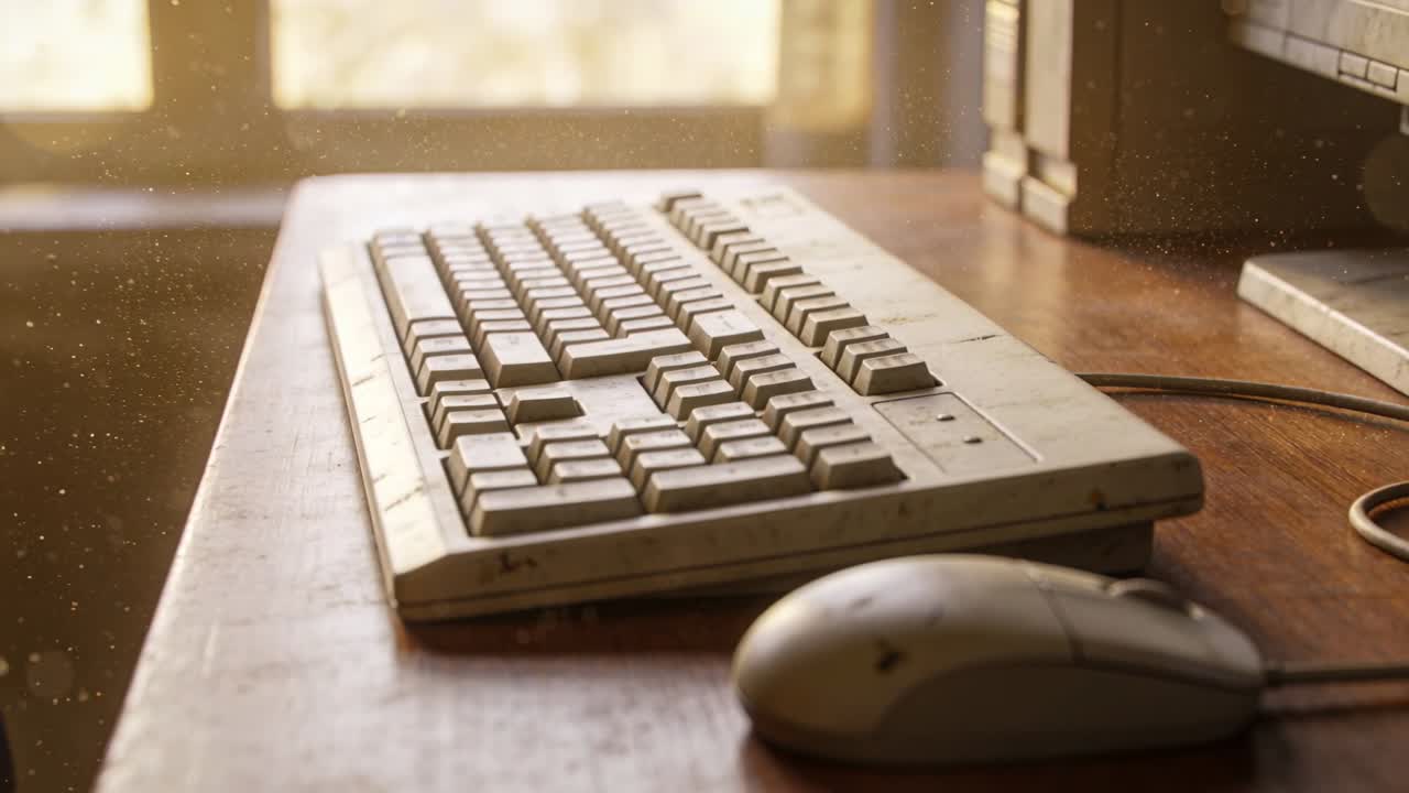 Window light streaming across beige fullsize keyboard and wired mouse in small office showing dust