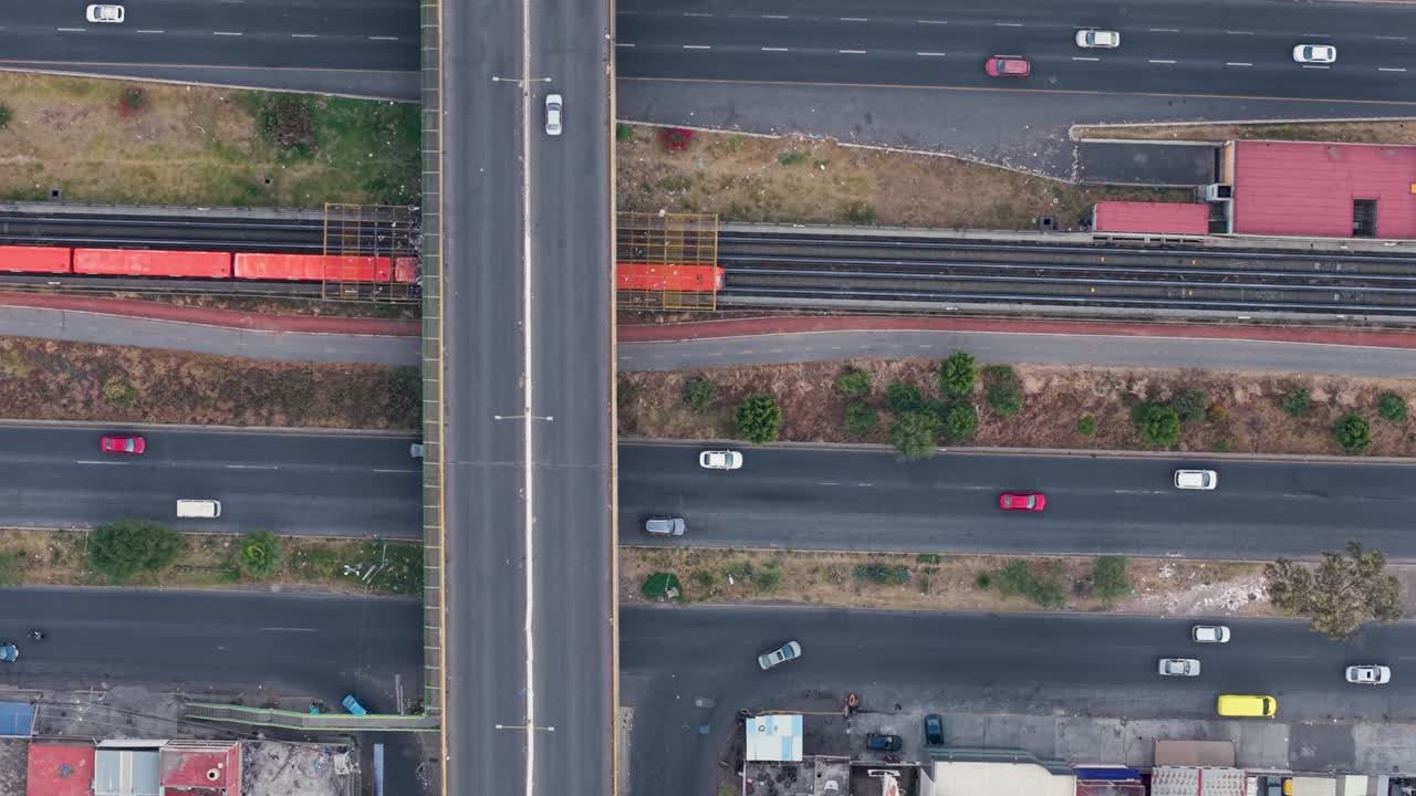 Drone footage showing metro system in Ecatepec from a top-down perspective
