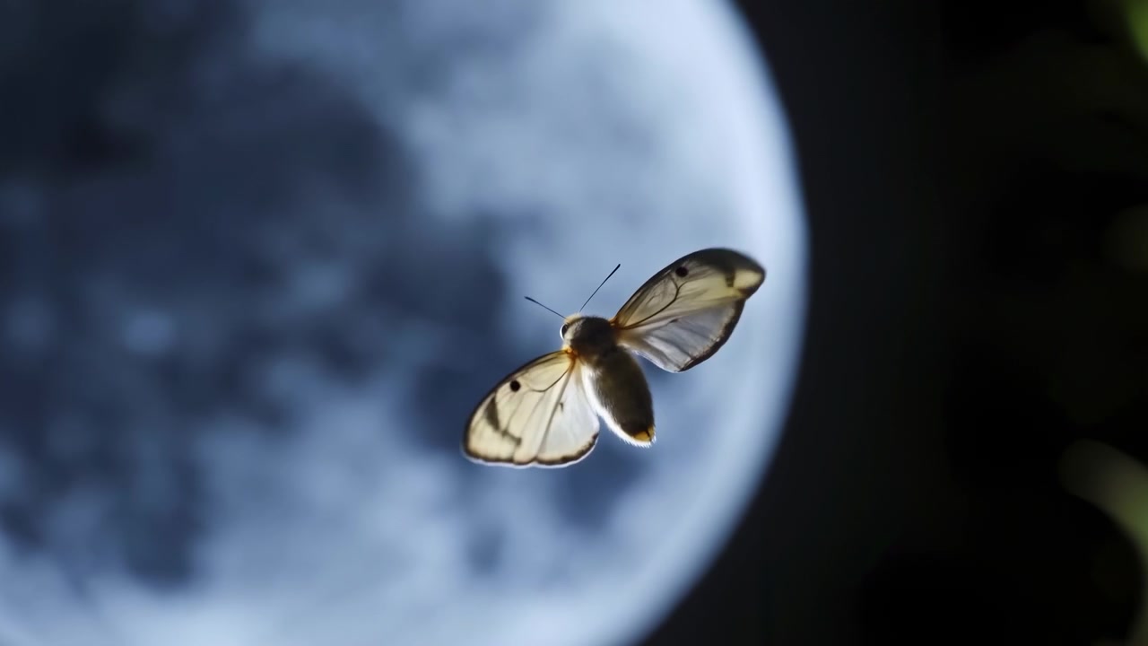 Close view of pale cream moth hovering beside bright circular light, wings shifting between raised and lowered positions, showing translucent venation, fuzzy body, soft rim light, dark blurred