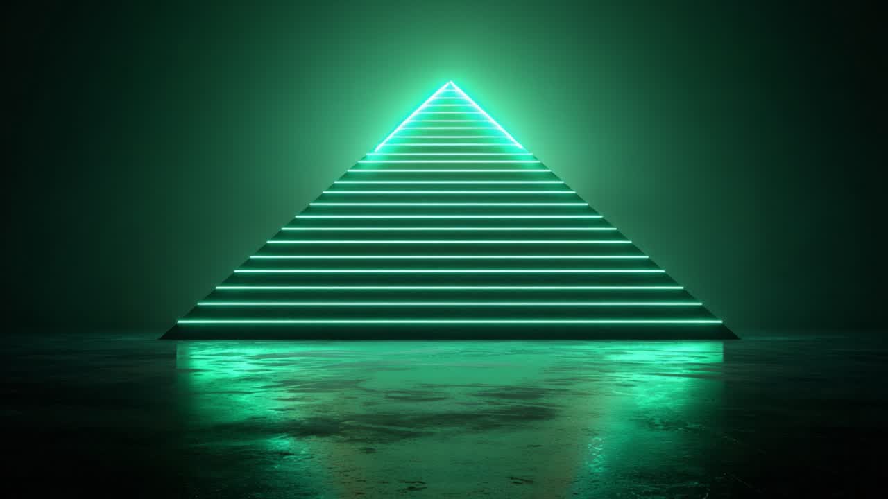 Illuminated Pyramid Structure Featuring Neon Green Light Strips with a Reflective Surface, Creating a Mystical Atmosphere and Visual Depth Through Layered Geometry in a Dark Environment
