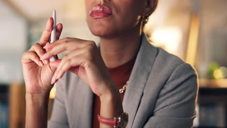 Hands,-thinking-and-business-woman-with-pen