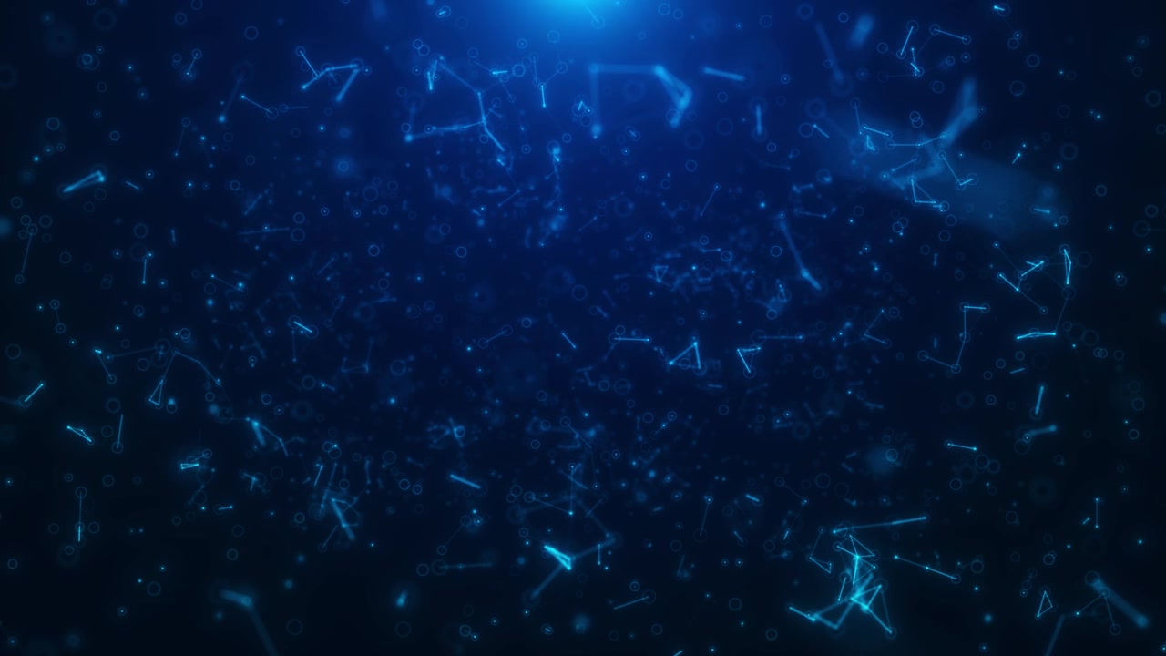 Abstract molecule data network visual with cyan node links floating particle clusters and soft dark