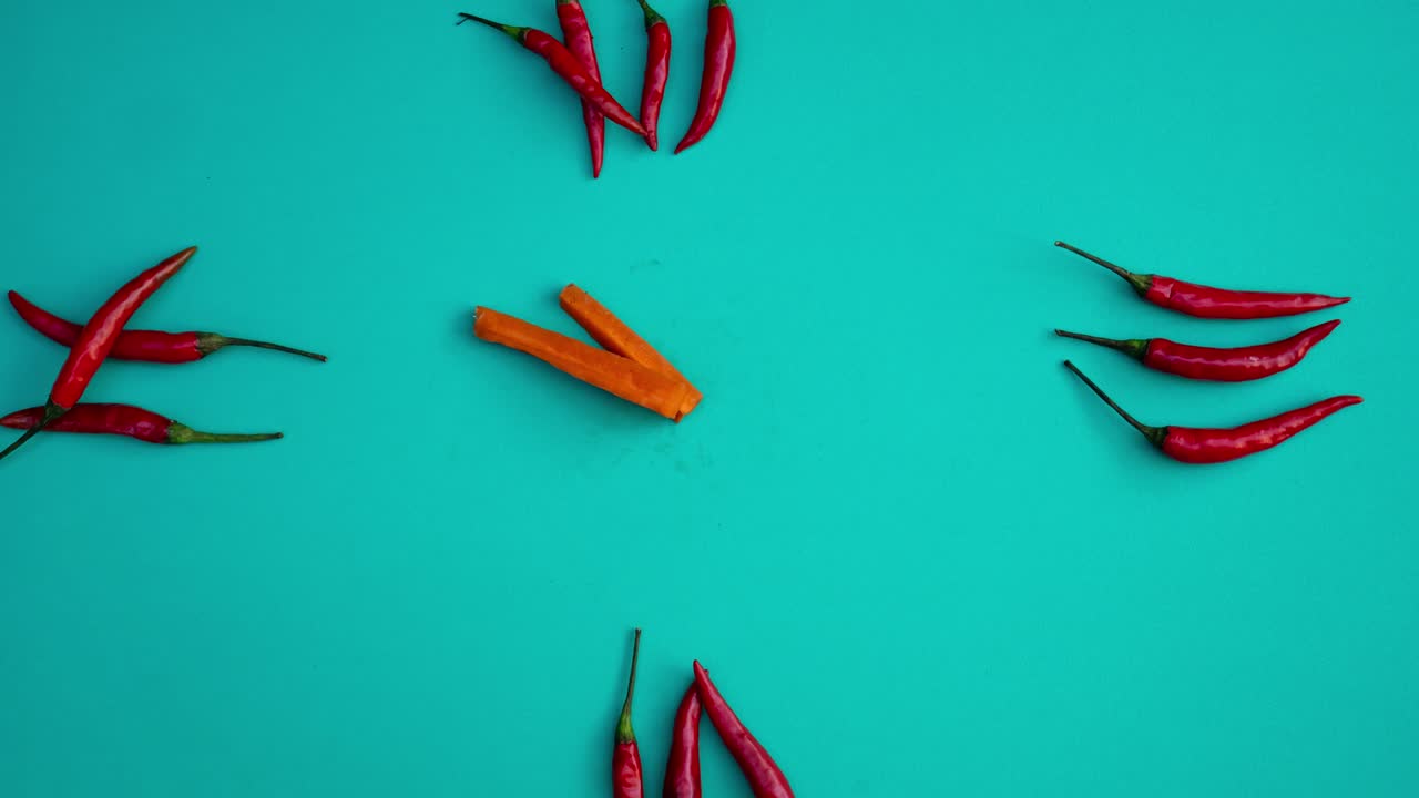 Stop motion of fruit and vegetable moving on color background