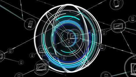 animation of network of connections with icons over globe on black background