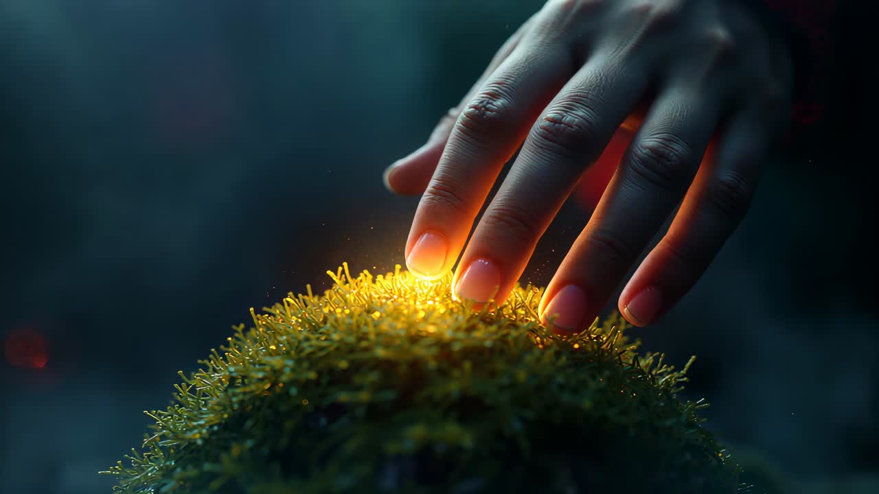 Hovering right hand in red sleeve touching moss, golden glow emerging in dim macro, sending sparks