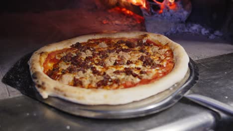 closeup of cooked pizza being taken out of oven, delicious fresh italian food