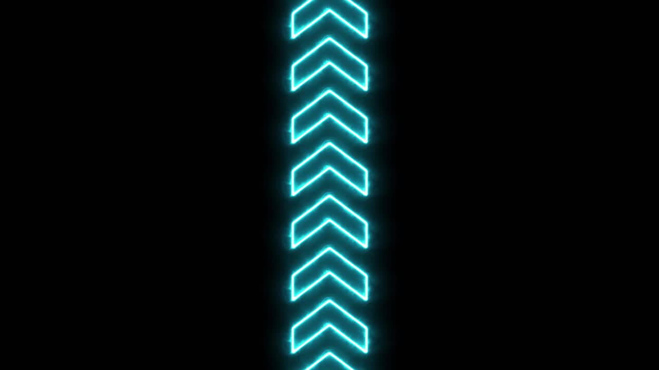 Glowing vertical line of light blue arrows animation isolated on black background