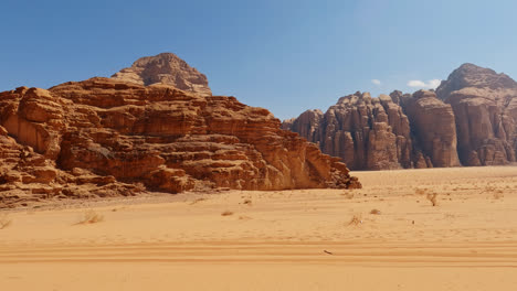 Shrubs-in-foreground-reveal-desert-cliffs-and-vistas-of-Wadi-rum