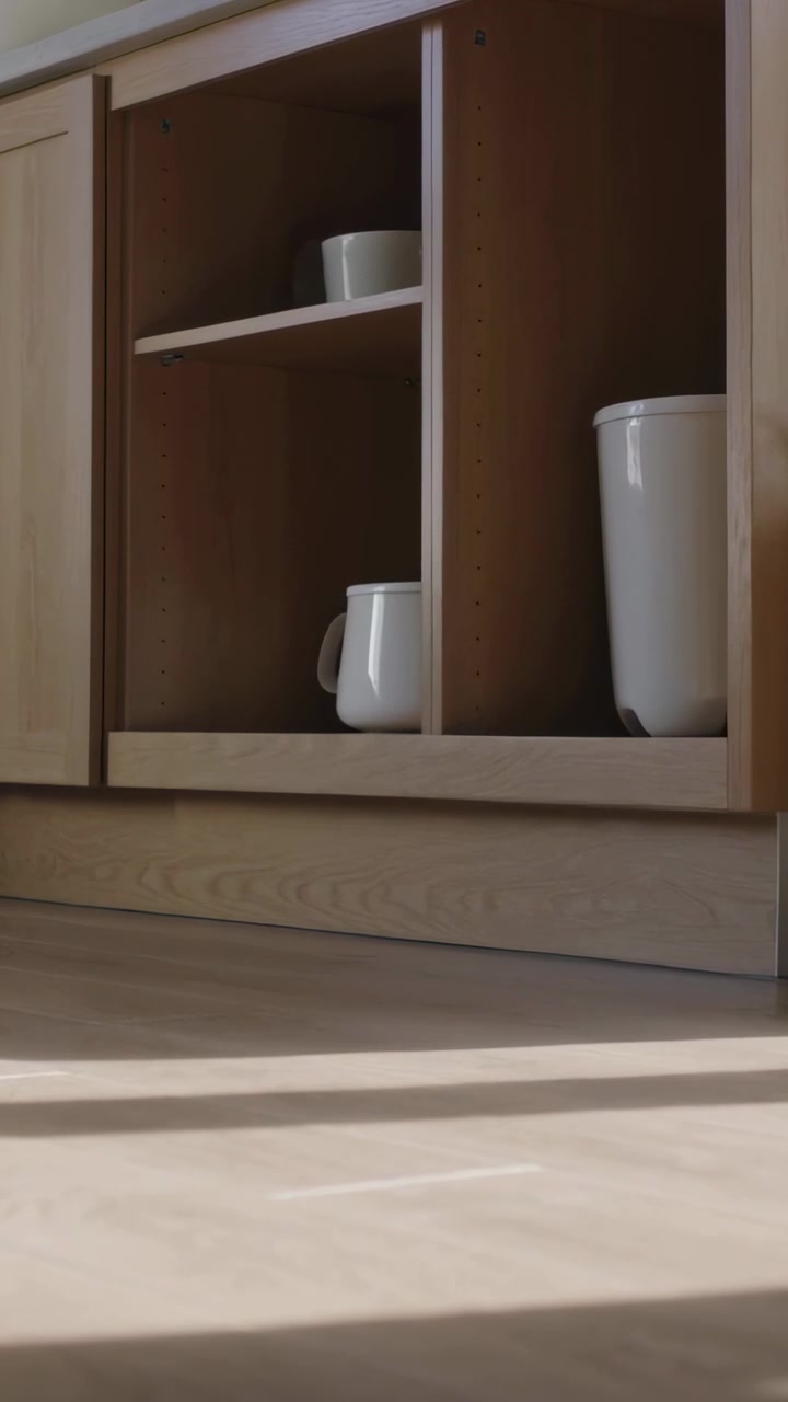 Video vertical: Cámara con paneo bajo revelando un armario de madera clara en la cocina, mostrando tres recipientes.