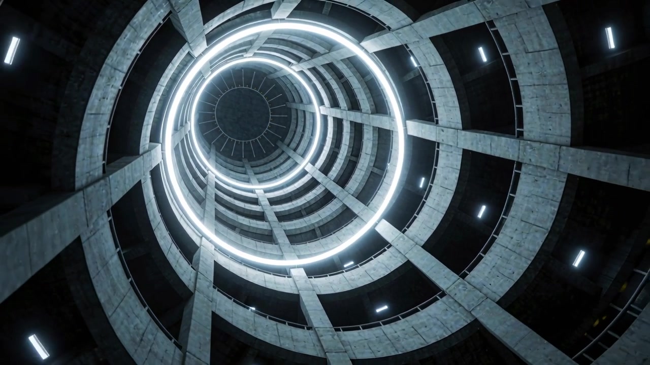 Telecamera che si inclina e si muove verso l'alto all'interno di un pozzo di cemento, rivelando un anello LED in discesa e i piani interni.