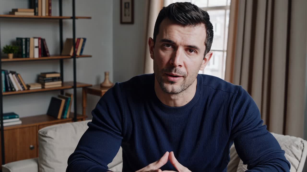 Un uomo con un maglione blu navy è seduto su un divano e parla direttamente alla telecamera in un primo piano