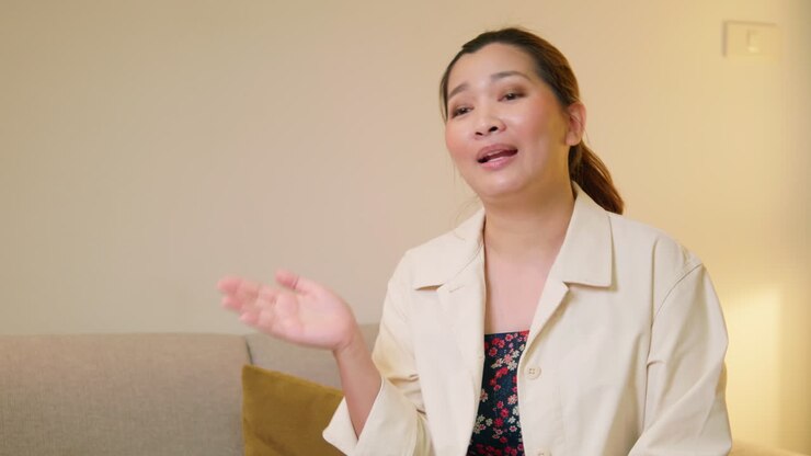 Young adult woman explaining and interview video online communication with casual clothing and speaking in room
