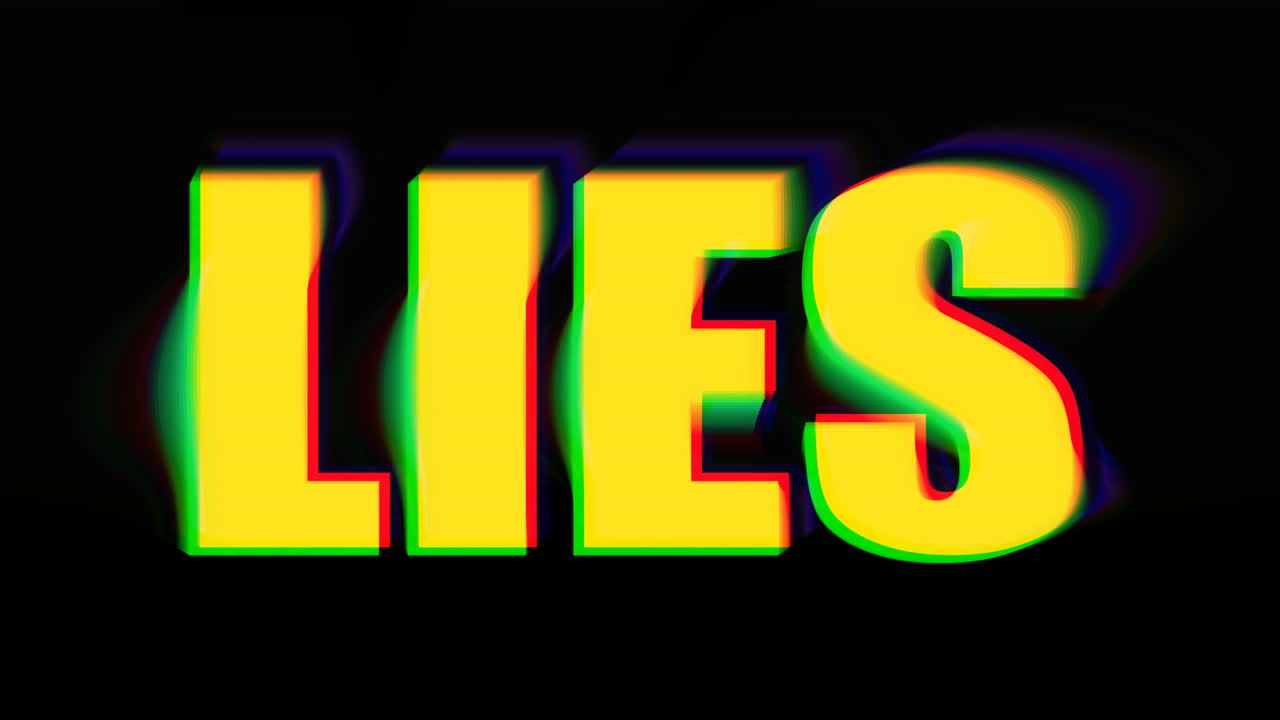 una gran palabra, mentiras, caracteres amarillos masivos, con una distorsión intencional y un efecto de falla