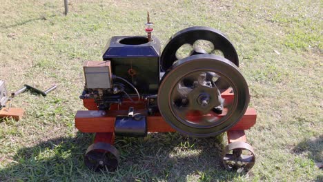 kleine dampfmaschine, die im sonnenlicht auf gras läuft