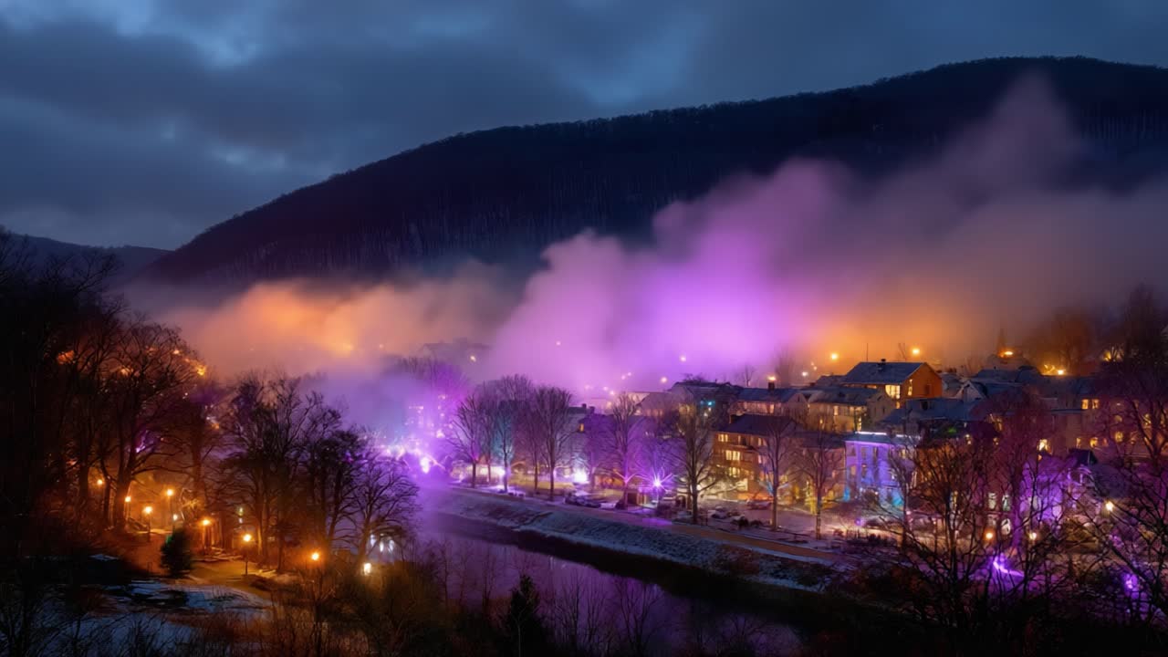 A Mystical Evening Landscape with Illuminated Fog and Colorful Lights Dancing Across a Mountainous Village, Creating an Enchanting and Dreamlike Atmosphere