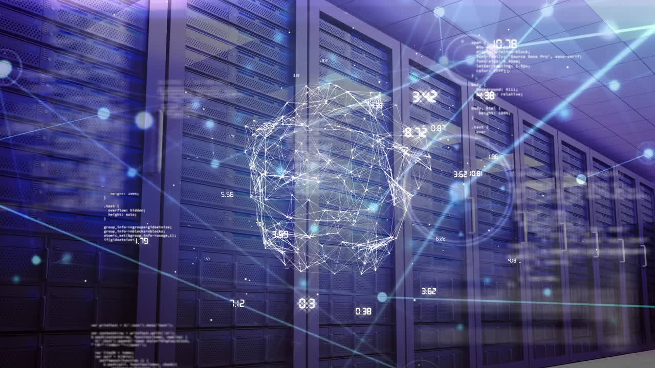 Animation of financial data processing and globe over server room