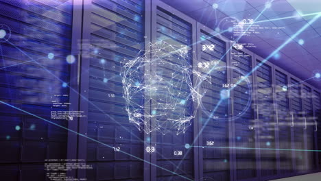 animation of financial data processing and globe over server room