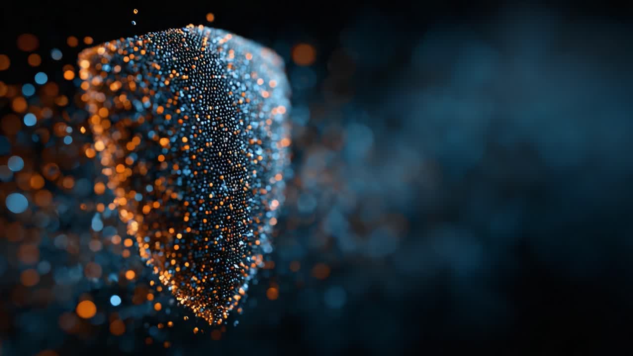 A mesmerizing shield formed from a multitude of vibrant particles, blending hues of orange and blue, evoking a sense of protection and digital artistry