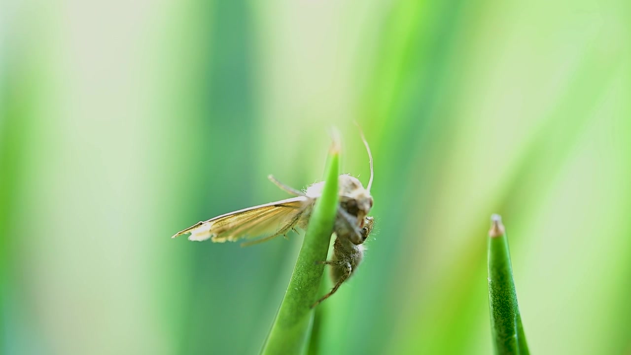 Un ragno saltatore pantropicale cattura saldamente una falena, trattenendola con fermezza in un primo piano macro dettagliato.