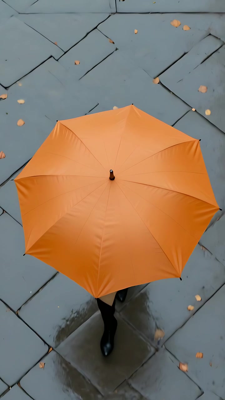 Video verticale: Entra nell'inquadratura una donna con cappotto color cammello e ombrello arancione, cammina su piastrelle oltre una pozzanghera.