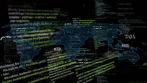 Animación-De-Lenguaje-Informático,-Códigos-Binarios-Y-Mapas-Sobre-Fondo-Negro