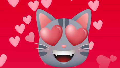 Animación-De-Iconos-De-Corazones-Rojos-Flotando-Y-Gato-Sobre-Fondo-Rojo