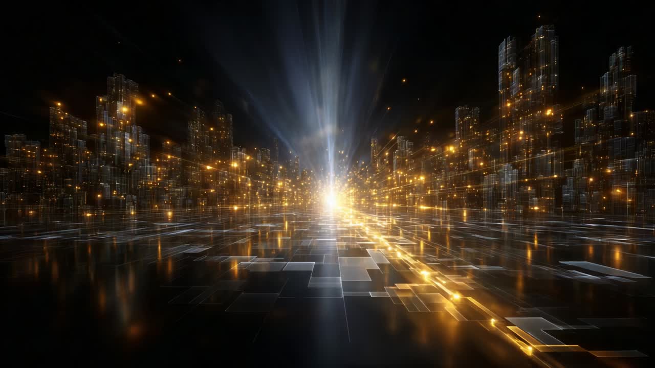 A Stunning Visual Display of Digital Light and Energy, Depicting a Futuristic Cityscape Surrounded by Glimmering Particles and Abstract Structures, Inviting Exploration of Infinite Possibilities