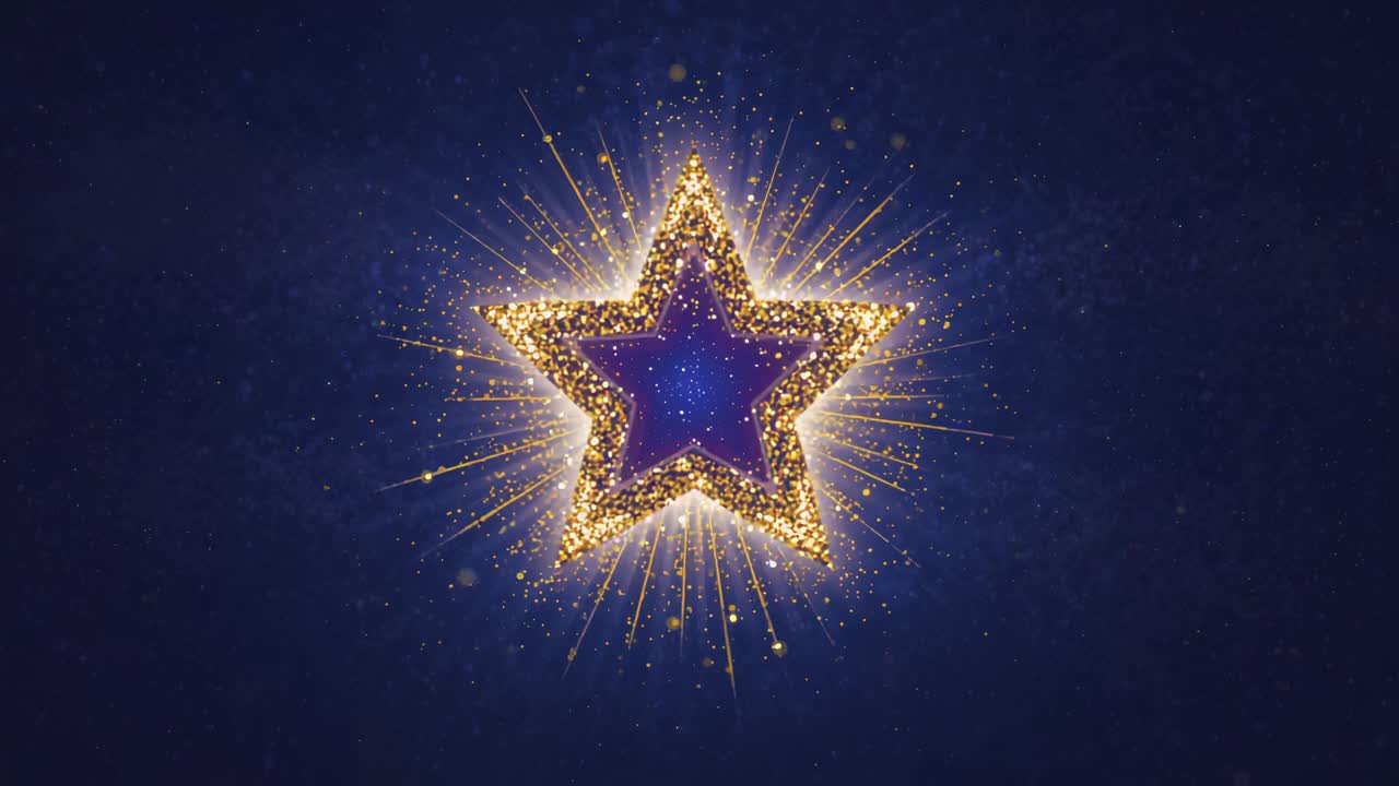 Appearing 5-point star pulsing, expanding on navy backdrop for reveal glitter halo beams radiating