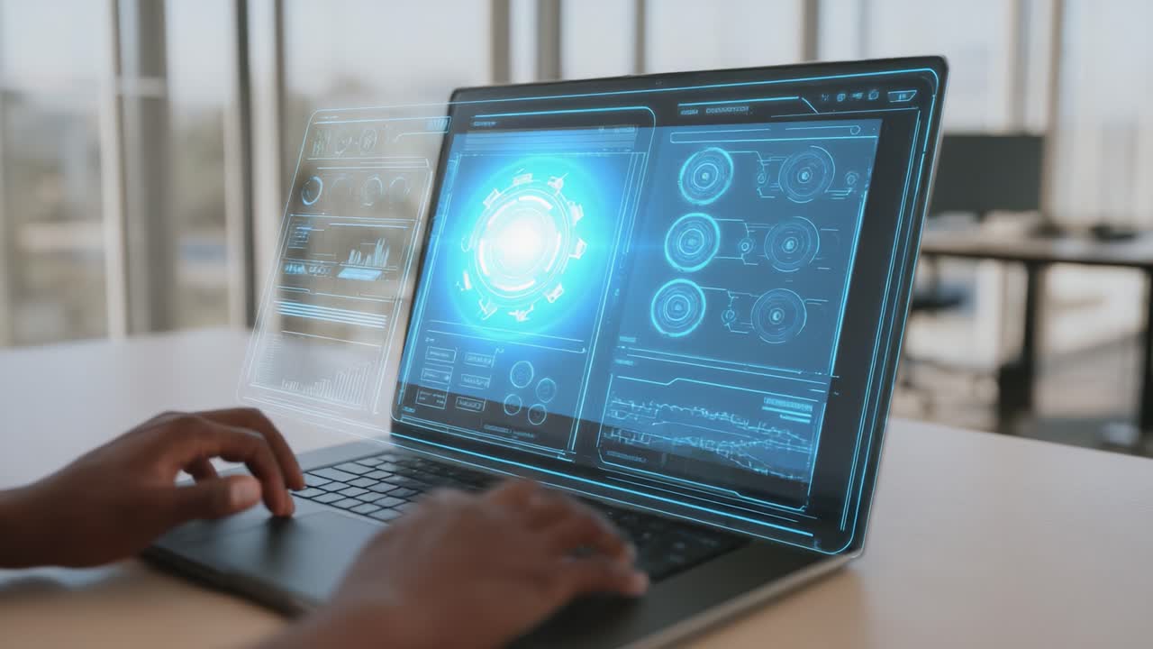 Futuristic Technology Interface: A User Interacting with an Advanced Laptop Displaying Interactive Data Visualizations and Holographic Elements