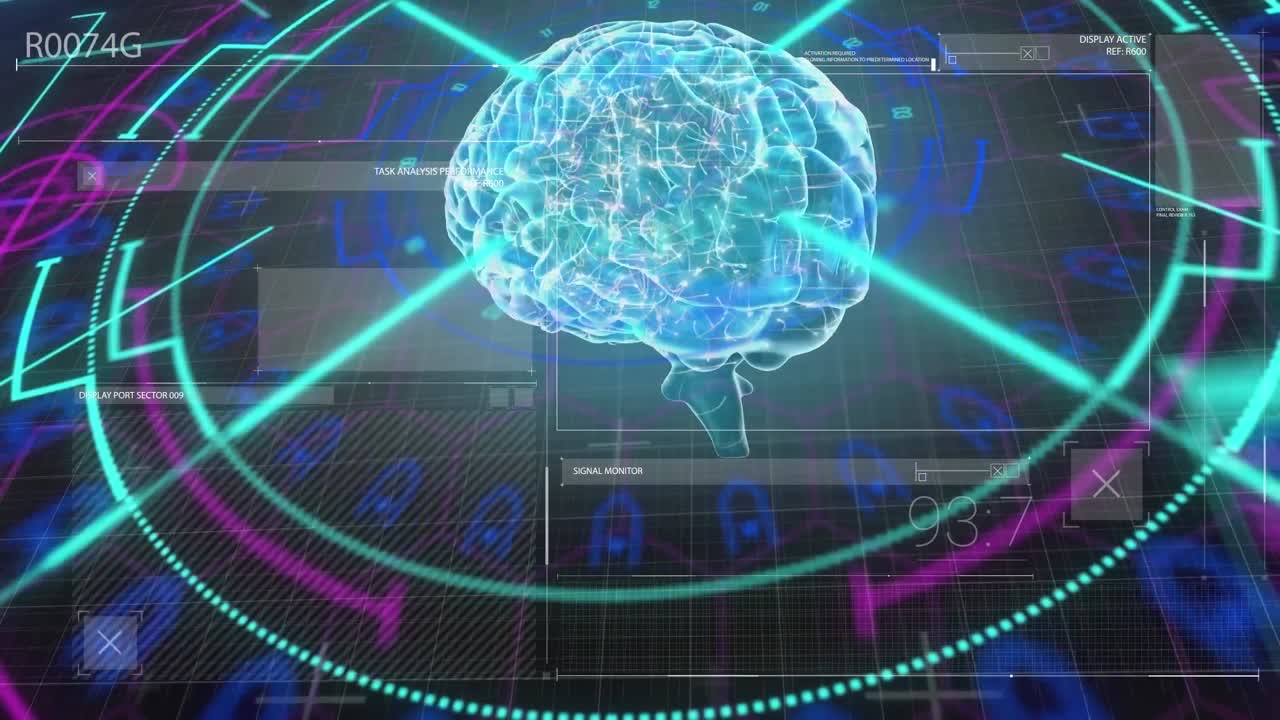 검은 바탕 위에 회전하는 뇌와 다양한 데이터의 애니메이션