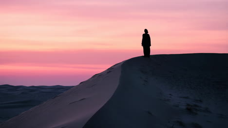 silhouette of a person on a desert dune at sunset