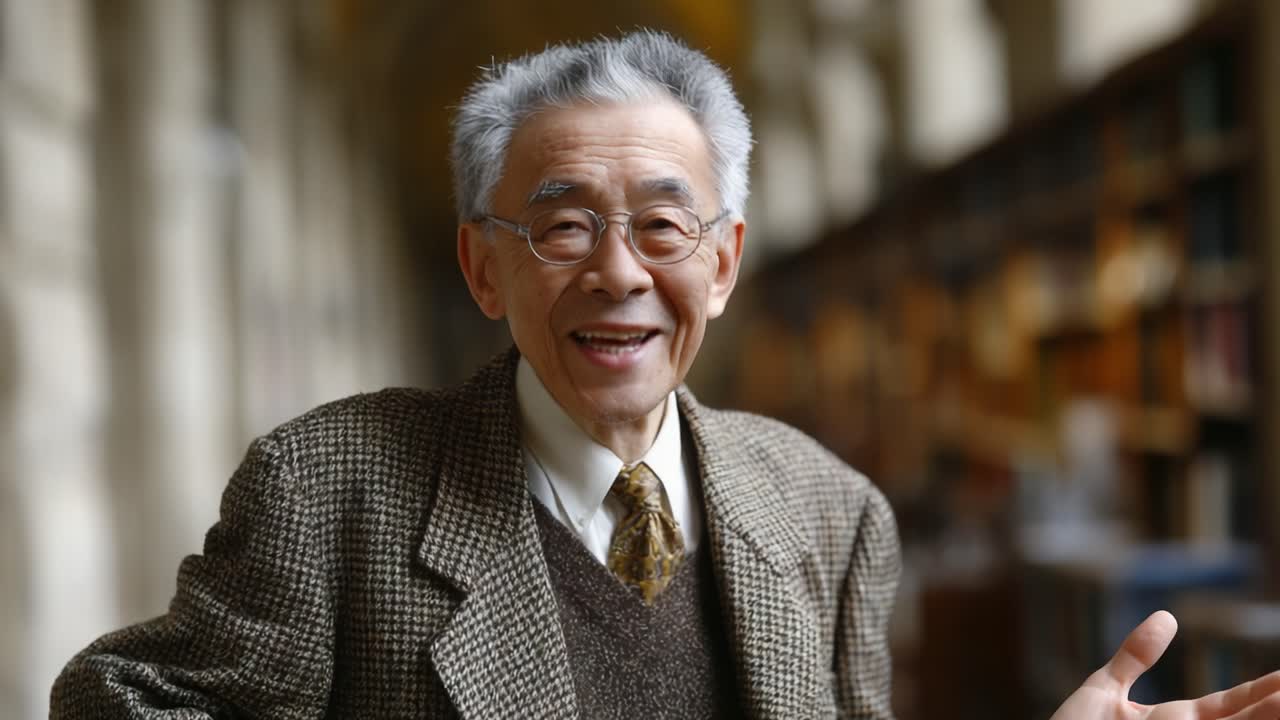 An elderly man with glasses and a cheerful demeanor engages with the camera in a library setting, showcasing warmth and wisdom against a blurred bookshelf background