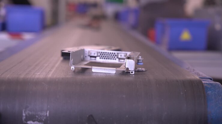 Closeup face view of electronic Waste equipment on moving conveyor belt in recycling plan