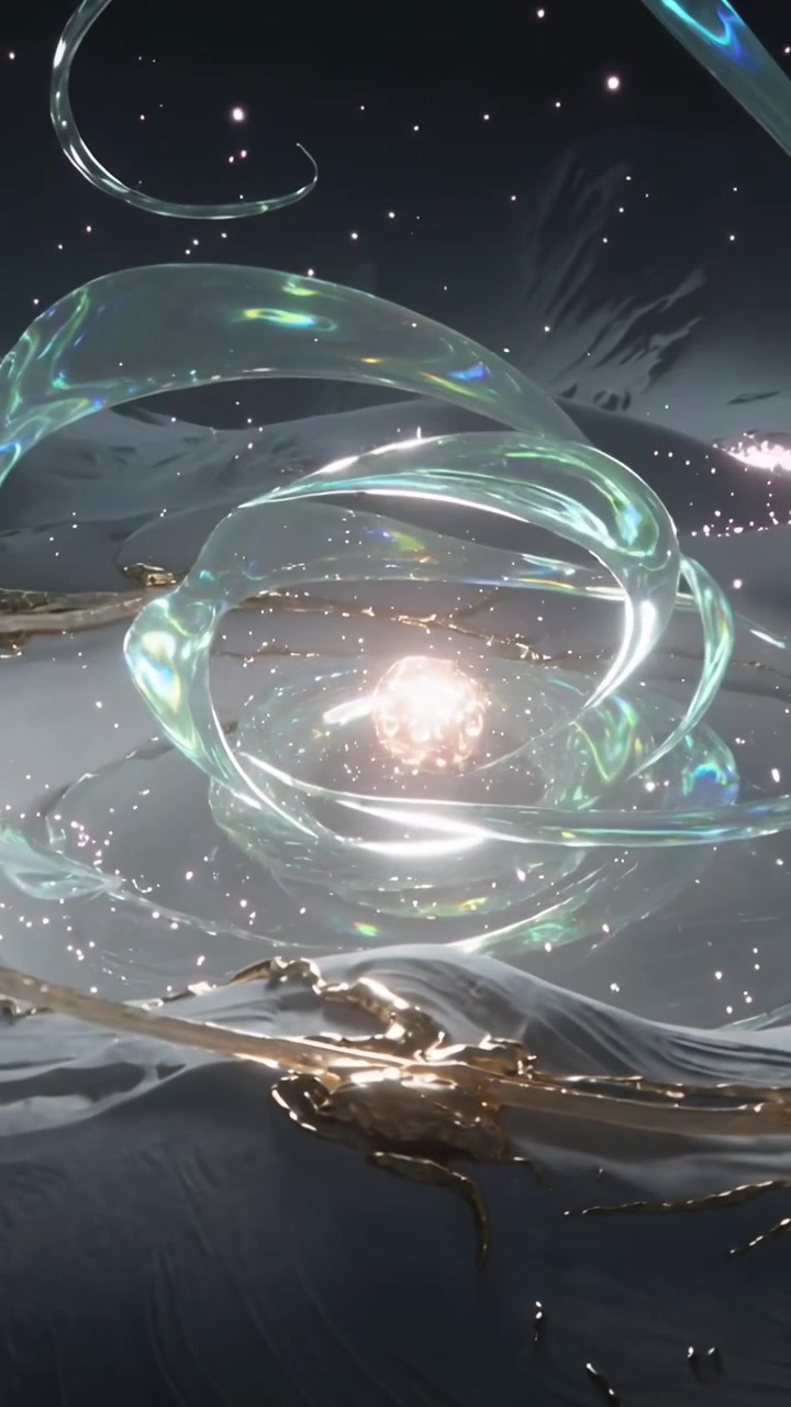 Vertical video: Pulsing core driving glass spiral expanding above dune with gold veins and sparkles