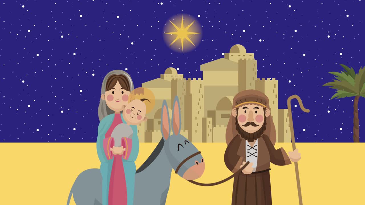 animación de navidad con la sagrada familia en el burro