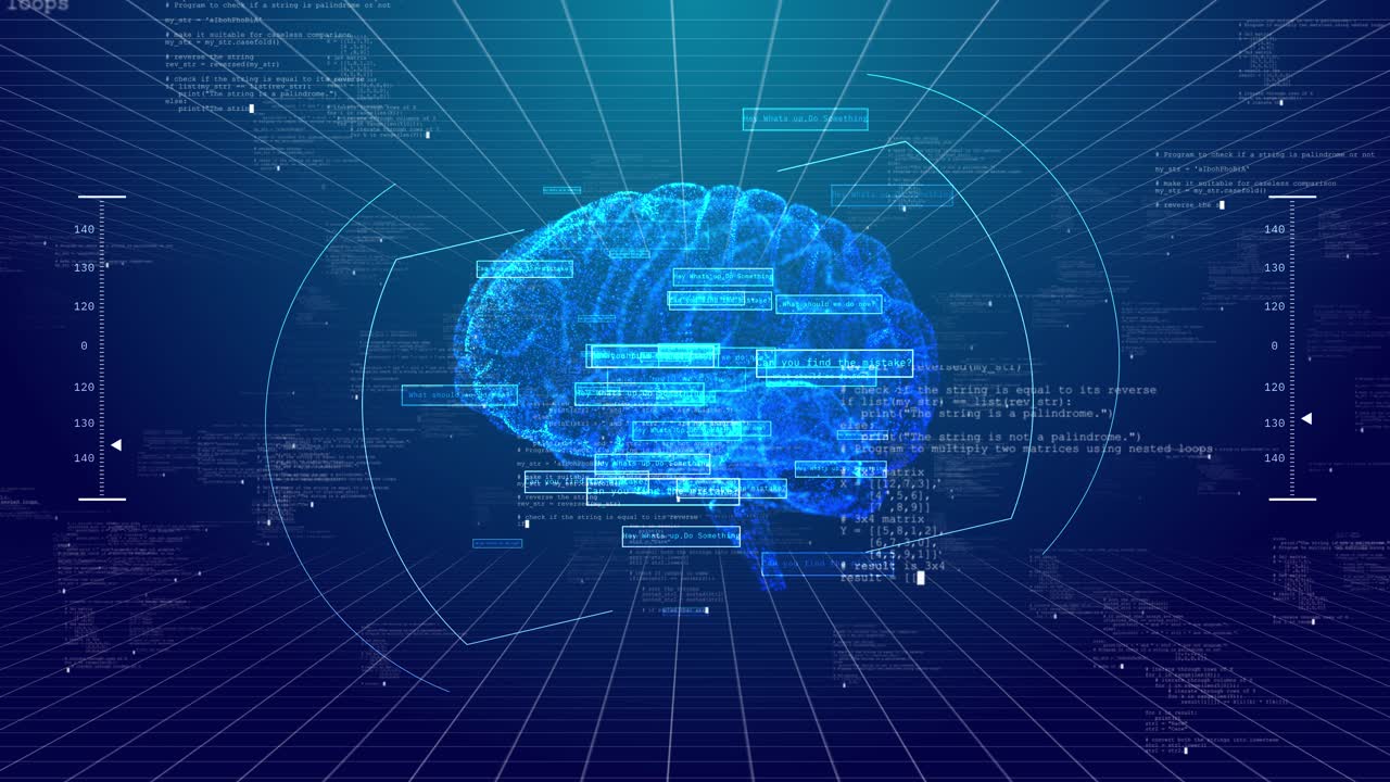 미래 스타일의 HUD 해부학 인포그래픽에서 에너지 흐름으로 둘러싸인 인간 두뇌의 3D 홀로그램