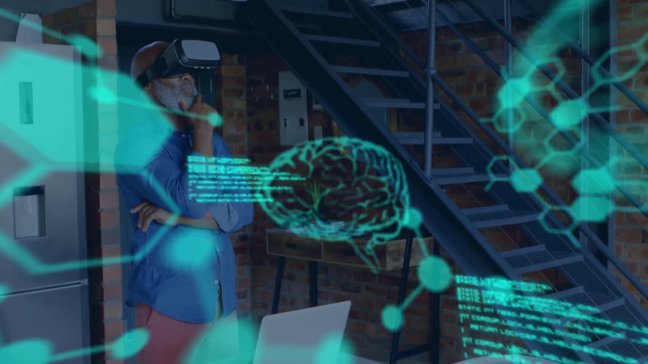 Scientific data with man wearing VR headset in a background 4k