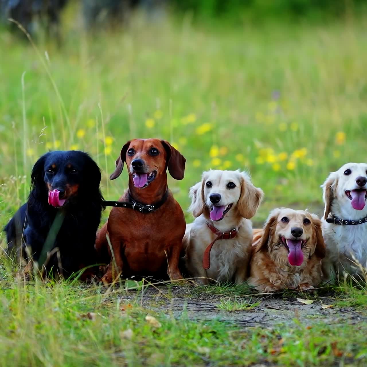 Portrait of group of dogs. Pet animals sitting on green grass and breath showing long tongues in hot weather. Beautiful dachshund dogs outdoors.