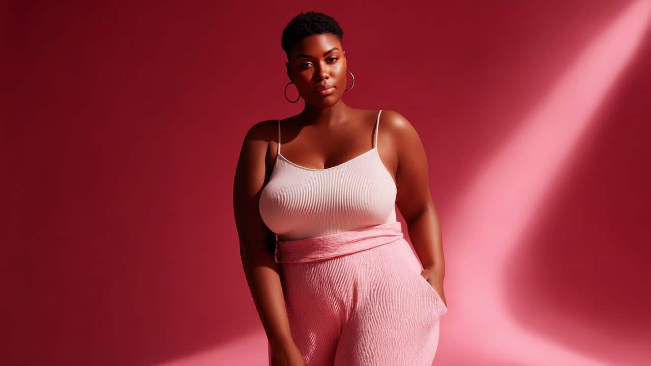 A Confident Model Poses Elegantly in Chic Fashion Against a Soft Pink Background, Highlighting Curves and Style with Graceful Energy and Vibrant Lighting