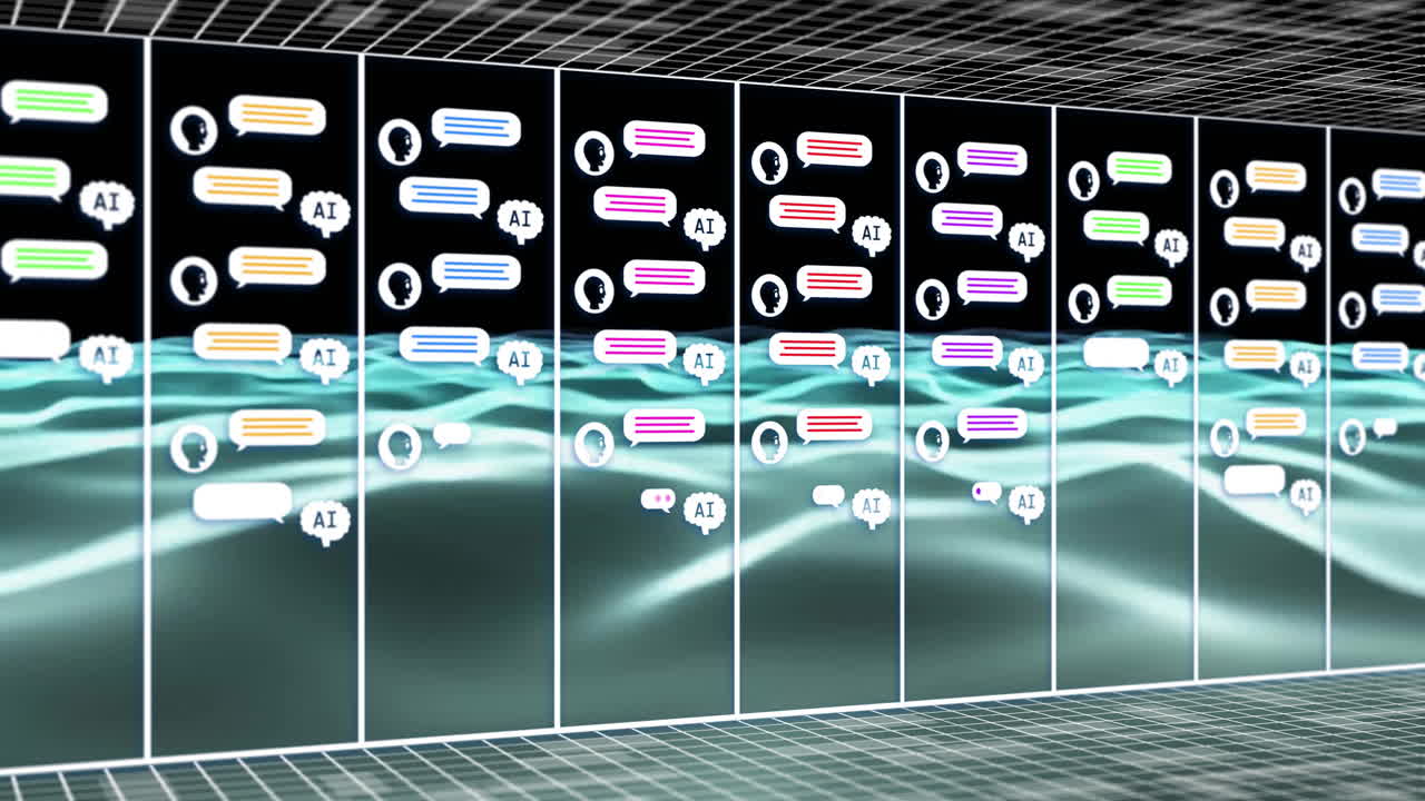 animación del procesamiento de datos de inteligencia artificial a través de servidores informáticos