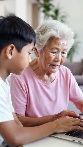 grandson assists his grandmother in using a laptop in the living room.